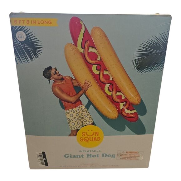 New Sun Squad INFLATABLE GIANT HOT DOG 6' 8" Long Pool Float Weiner on Bun Raft - Picture 1 of 7
